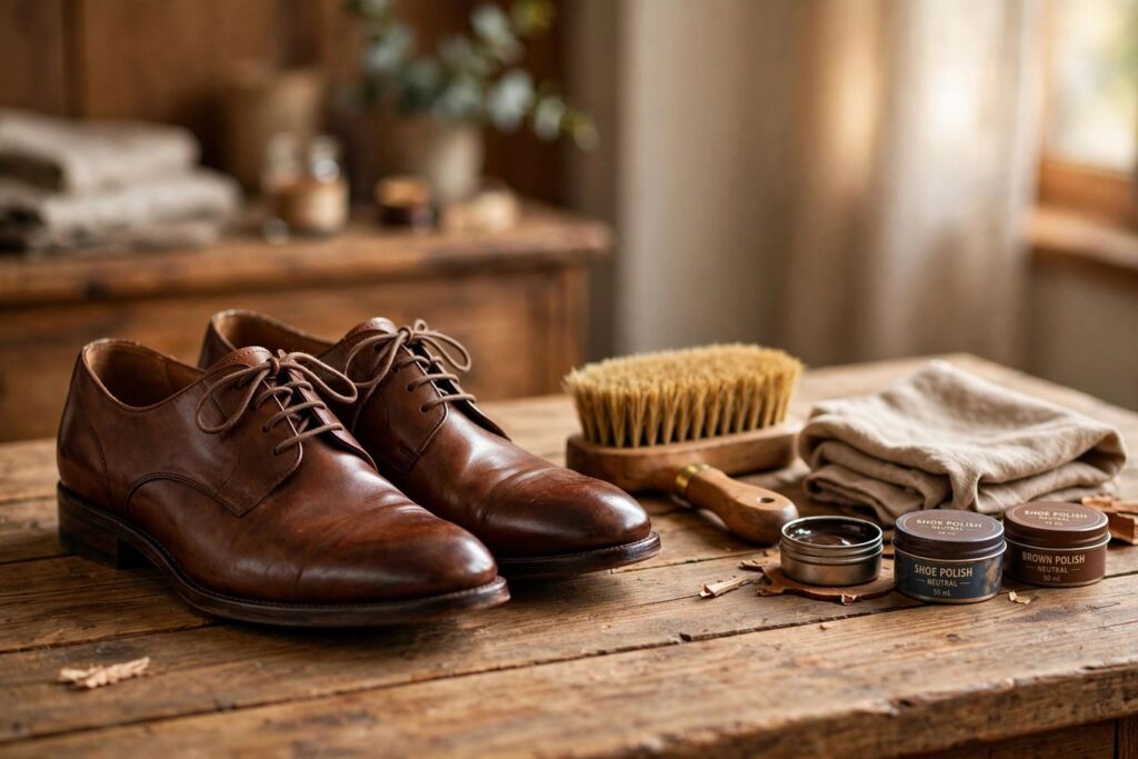 Pair of brown leather dress shoes on a wooden table next to shoe care supplies: brush, cloth and polish tins