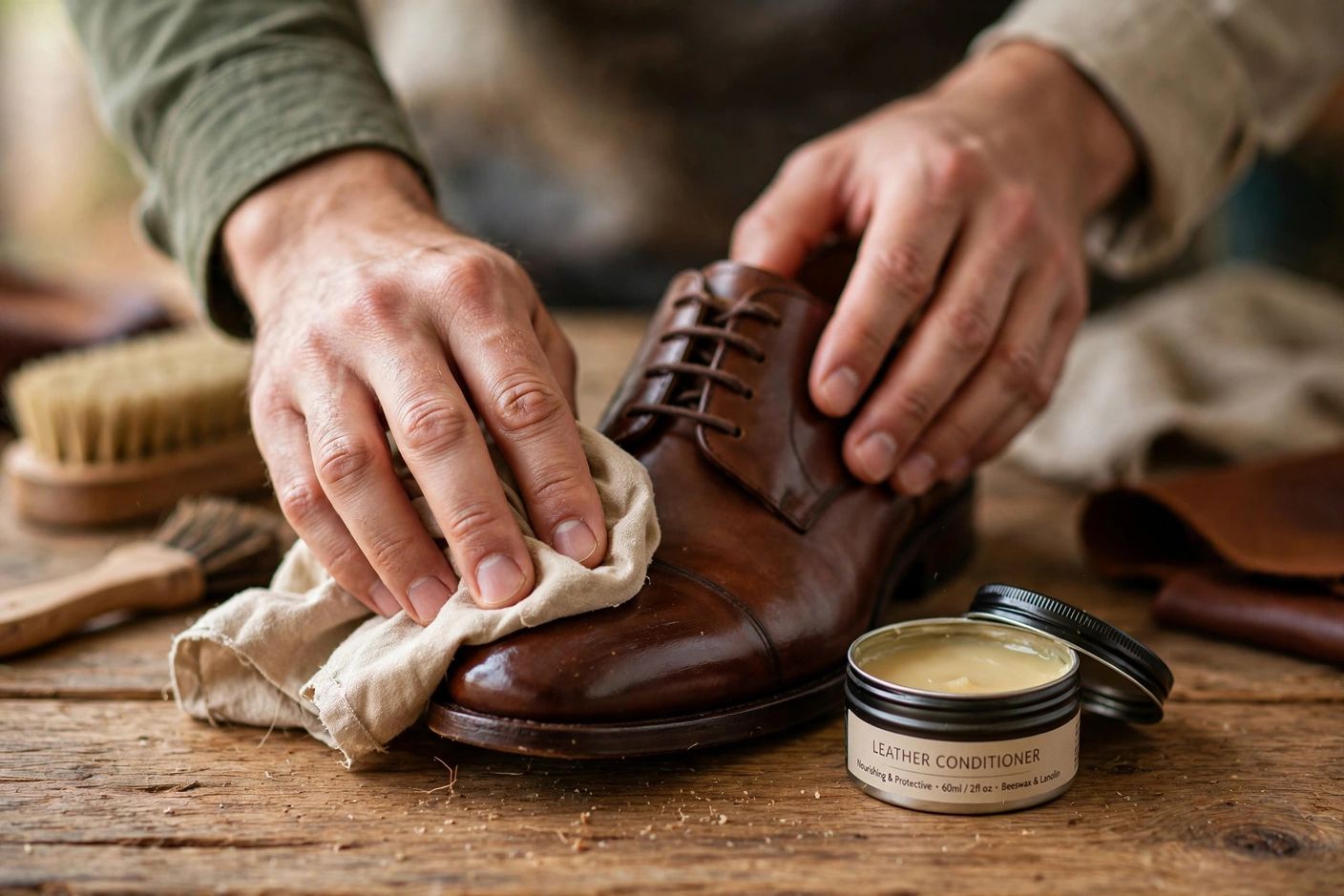 Hands applying leather conditioner to a brown shoe with a soft cloth, close-up of shoe care process