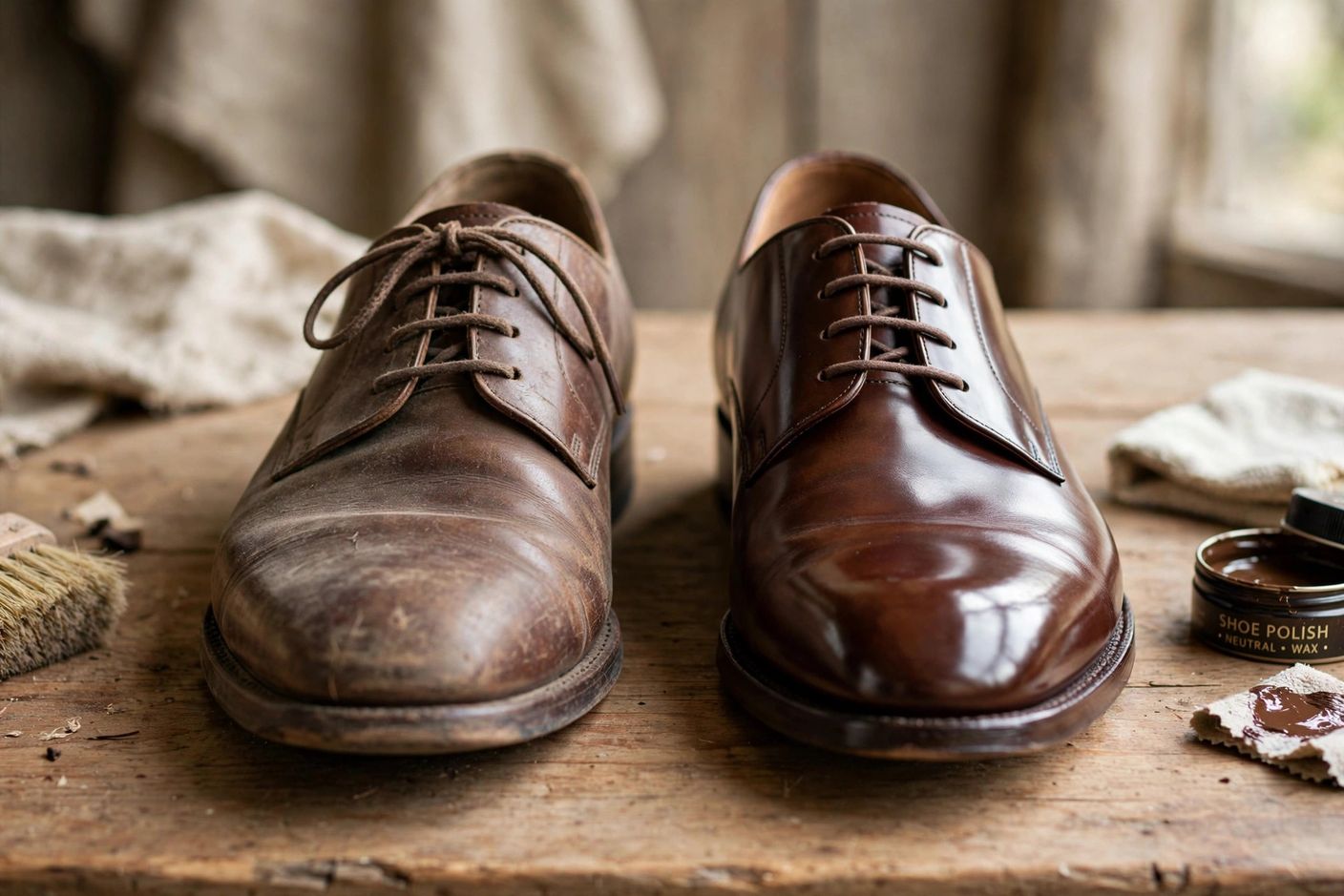 Before and after comparison of leather shoe cleaning: dull scuffed shoe next to polished gleaming shoe