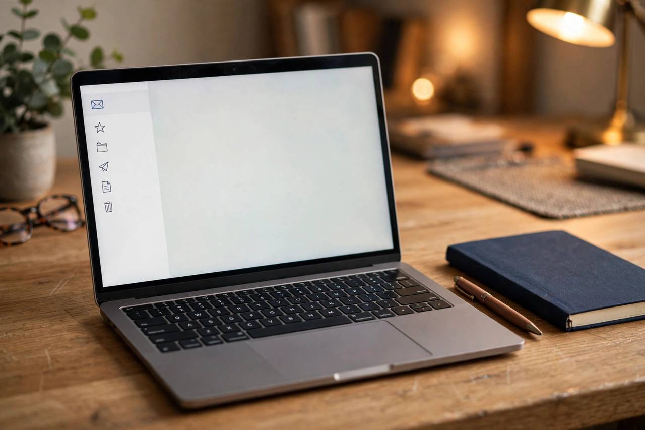 Laptop showing organized email folders labeled Receipts and Reading beside a notebook