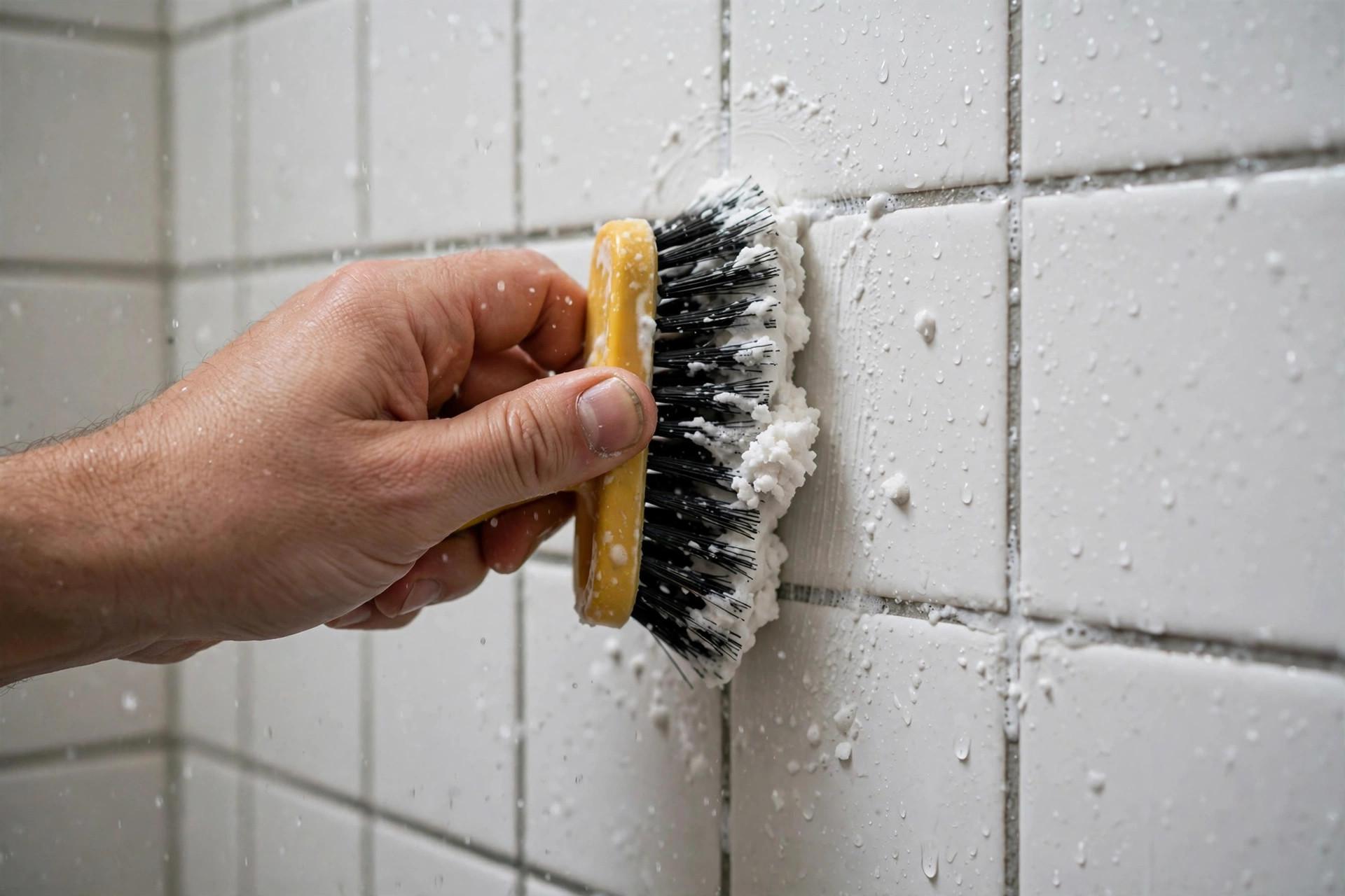Baking soda paste being scrubbed into shower grout with a brush