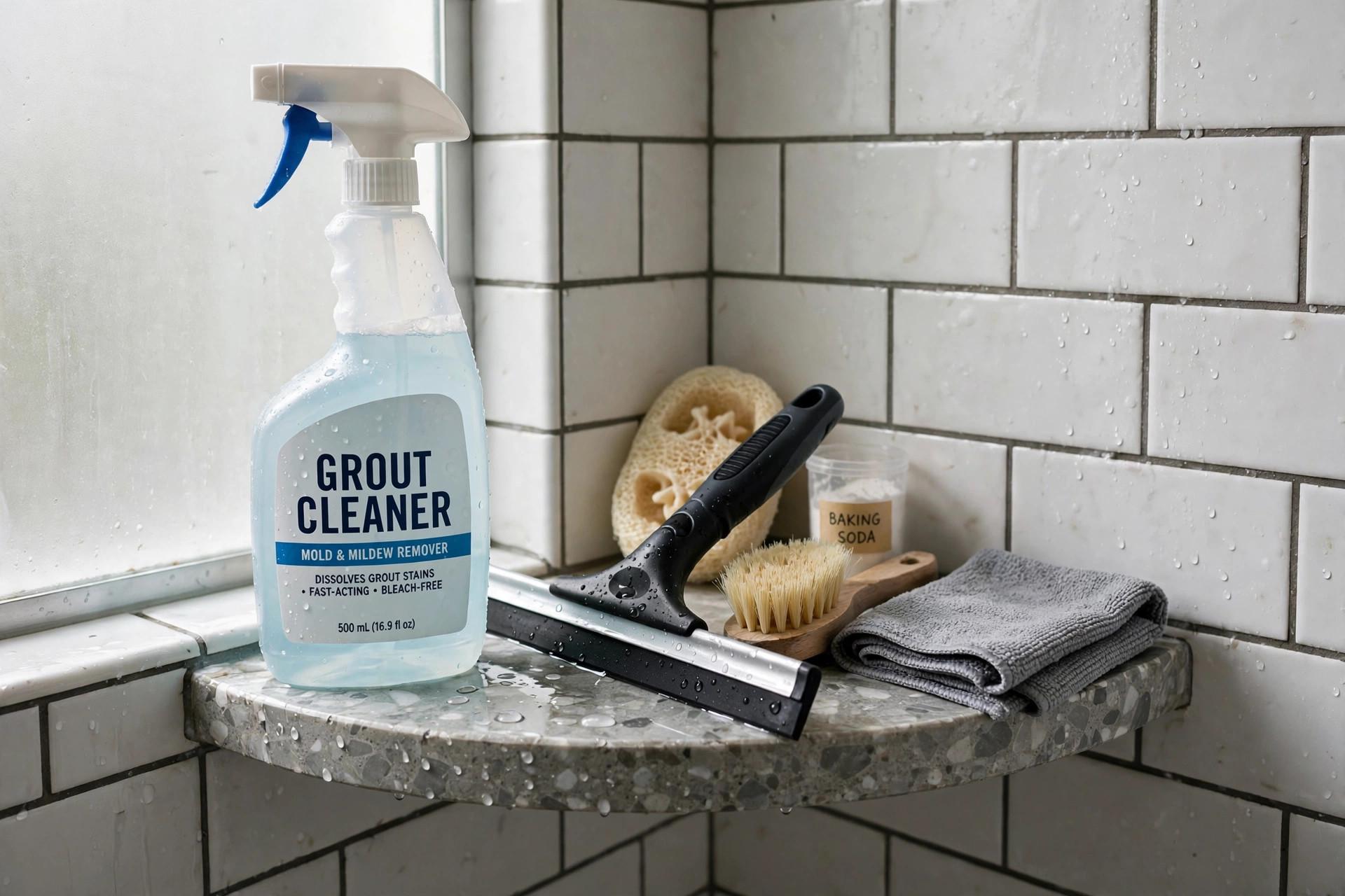 Spray bottle of grout cleaner next to a squeegee in a shower