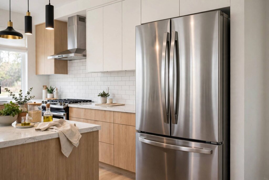 Sparkling clean stainless steel refrigerator in a modern kitchen