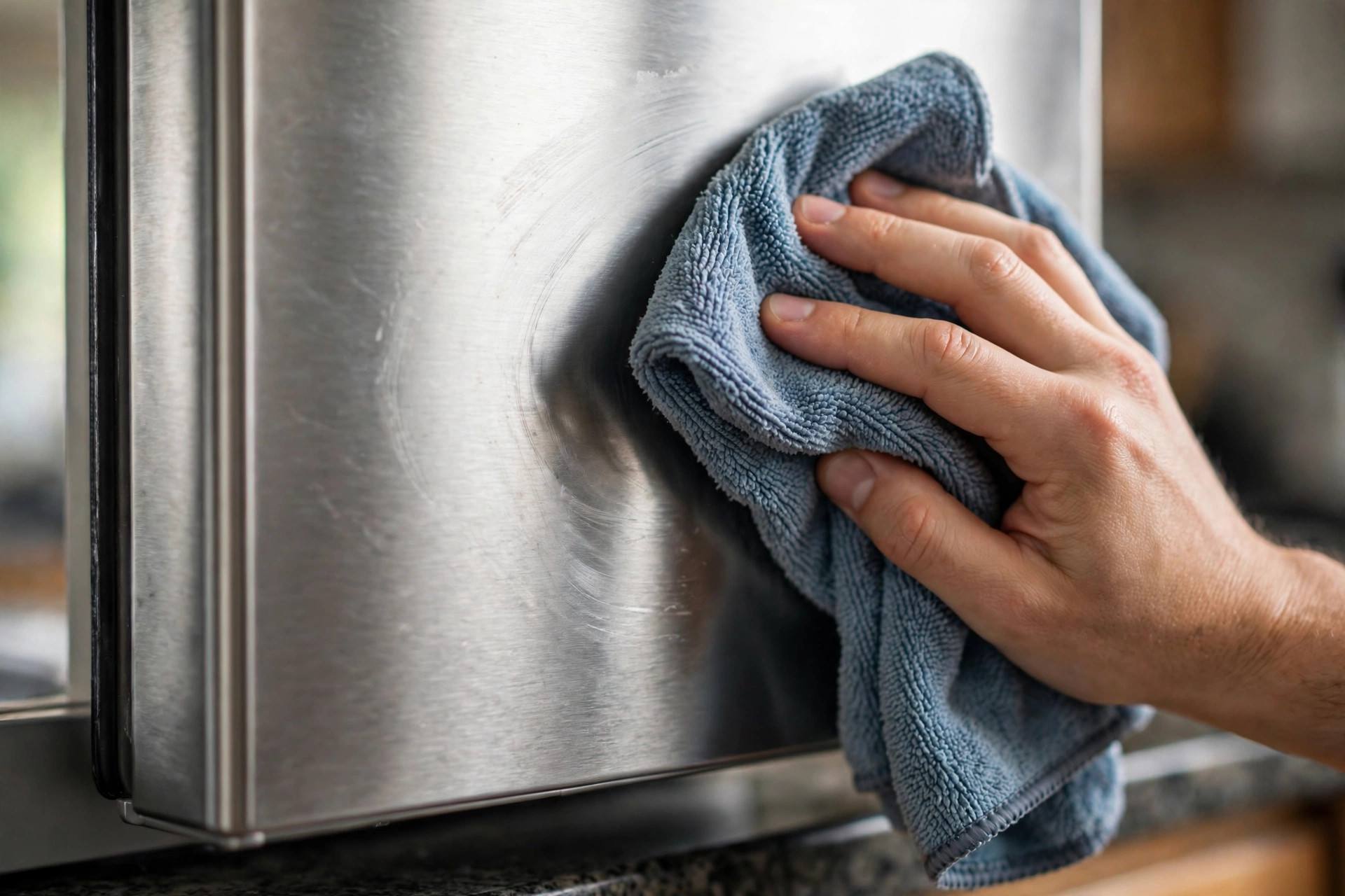 Hand wiping stainless steel appliance with microfiber cloth