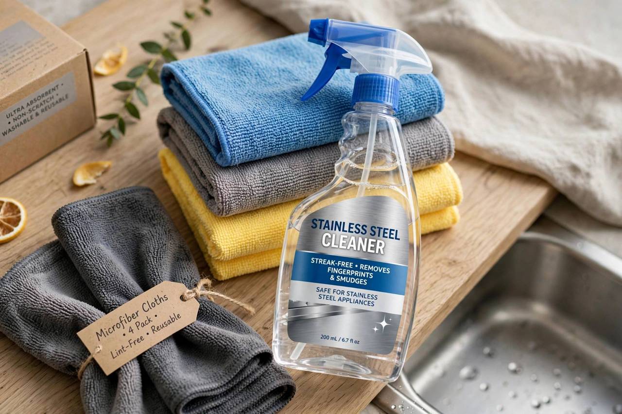 Cleaning supplies for stainless steel: microfiber cloths and spray