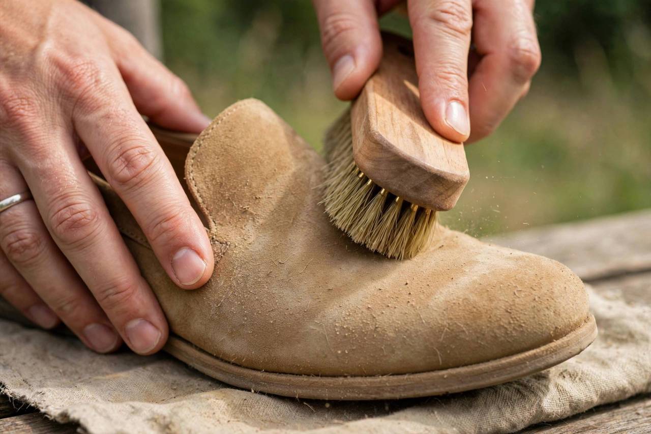 Hands brushing a tan suede shoe with a suede brush to restore the nap after cleaning
