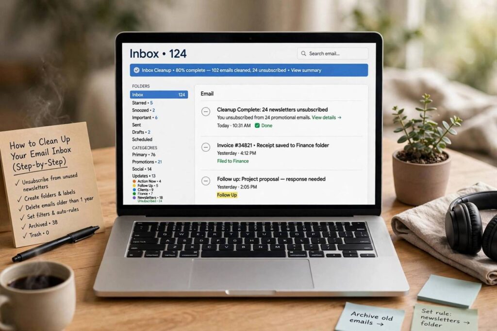 A clean, organized email inbox displayed on a laptop screen with folders visible