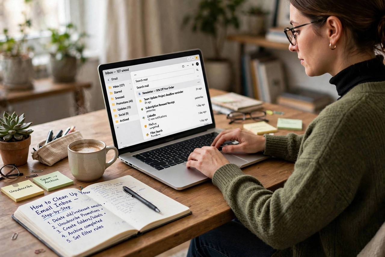 A person sorting emails on a laptop with a notebook and coffee on the desk