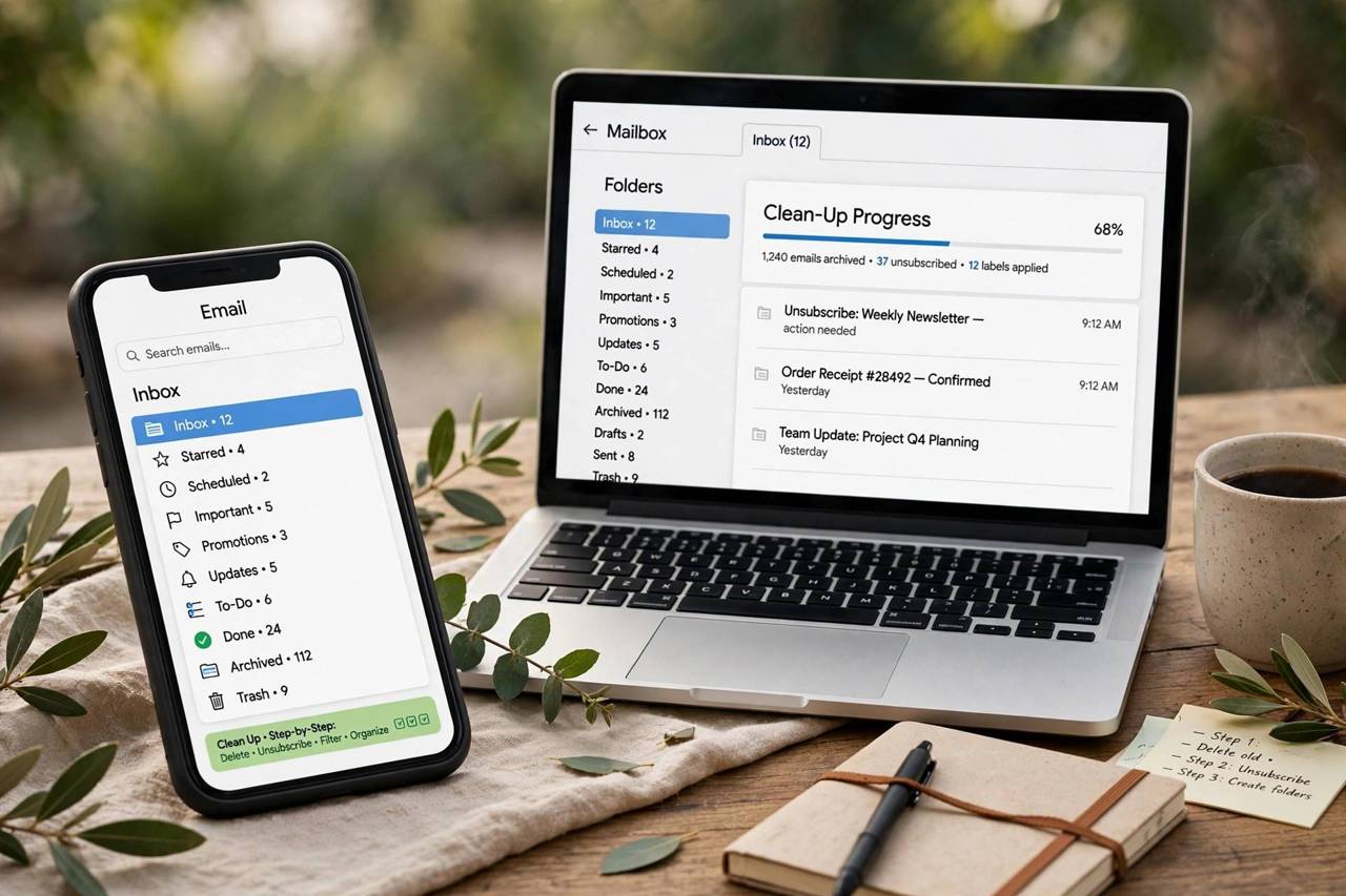 A smartphone showing an email app with organized folders next to a laptop