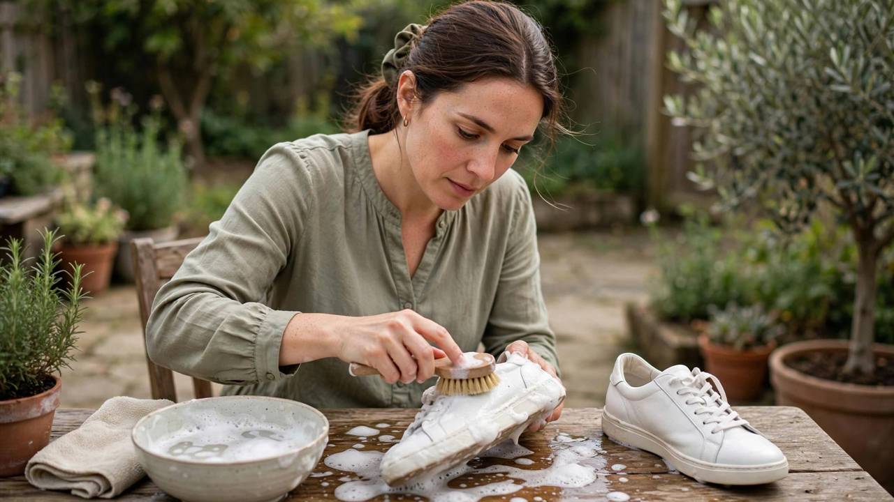 Woman in a modest blouse cleaning white leather sneakers with a soft brush and soapy water at a table