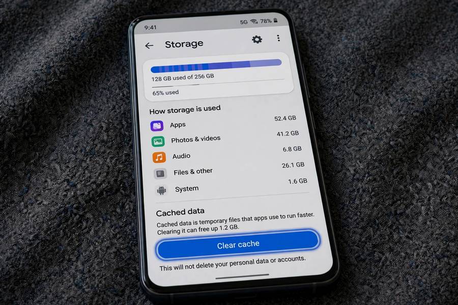 Android phone showing Storage settings with clear cache option