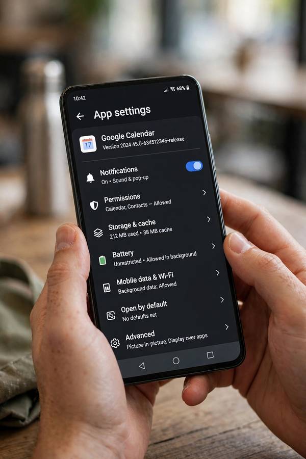 Hands holding Android phone with app settings open