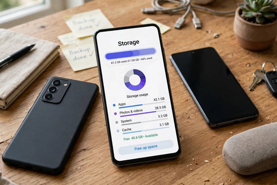 Android phones on a desk with storage space visualization