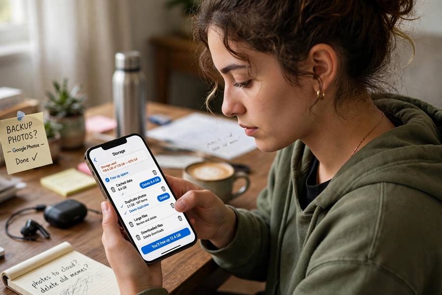Person managing phone storage and clearing unnecessary files