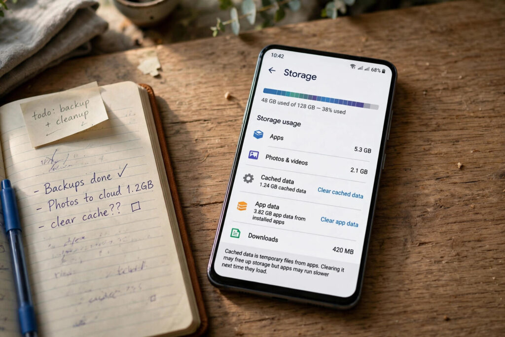 Android phone showing storage settings with cache options