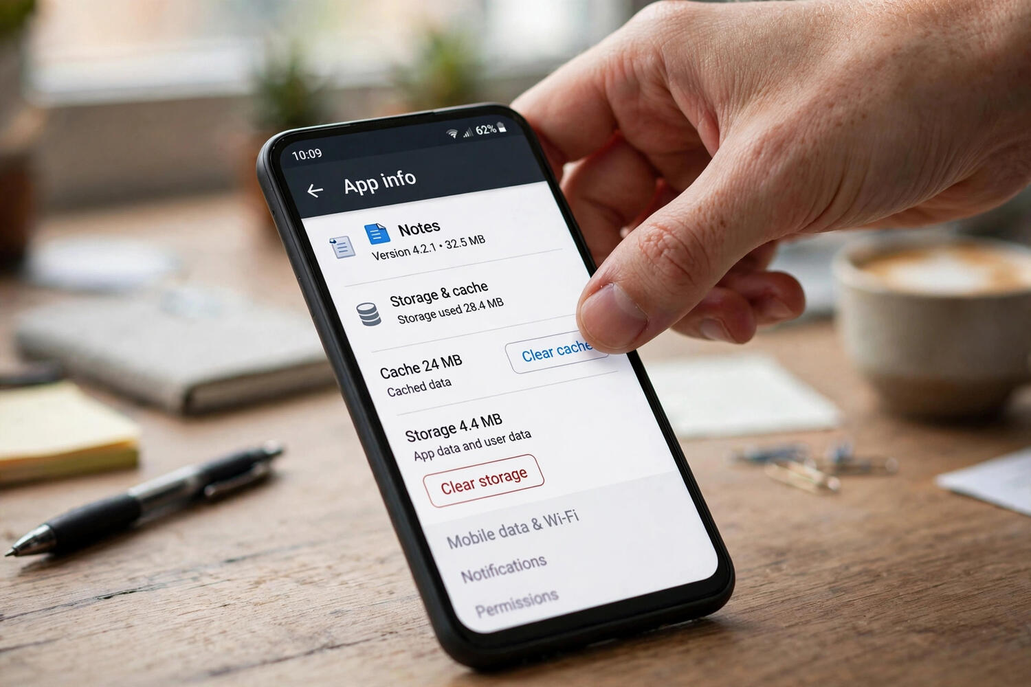 Hand navigating Android app info screen to clear cache