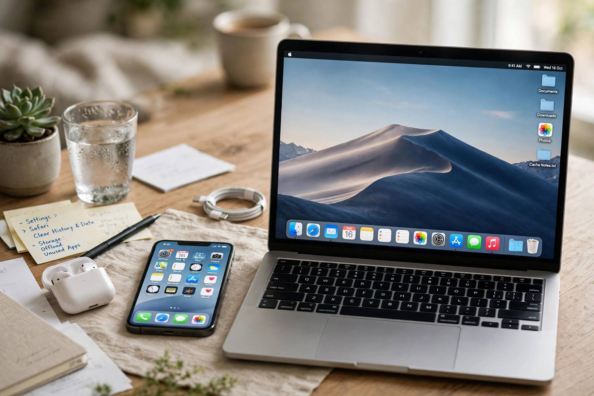 iPhone on a desk next to a laptop showing a clean home screen