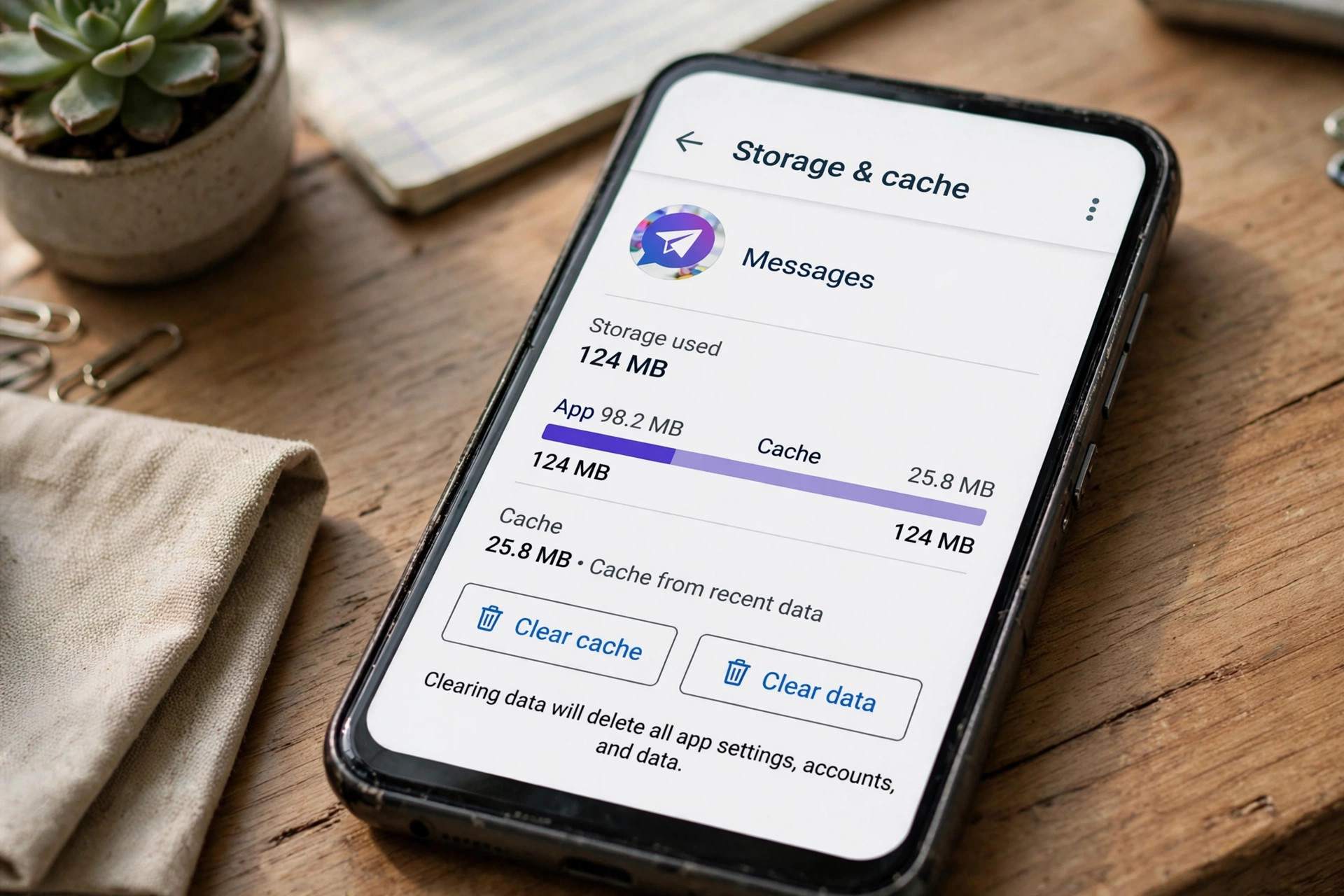 Android app storage screen showing clear cache and clear data buttons