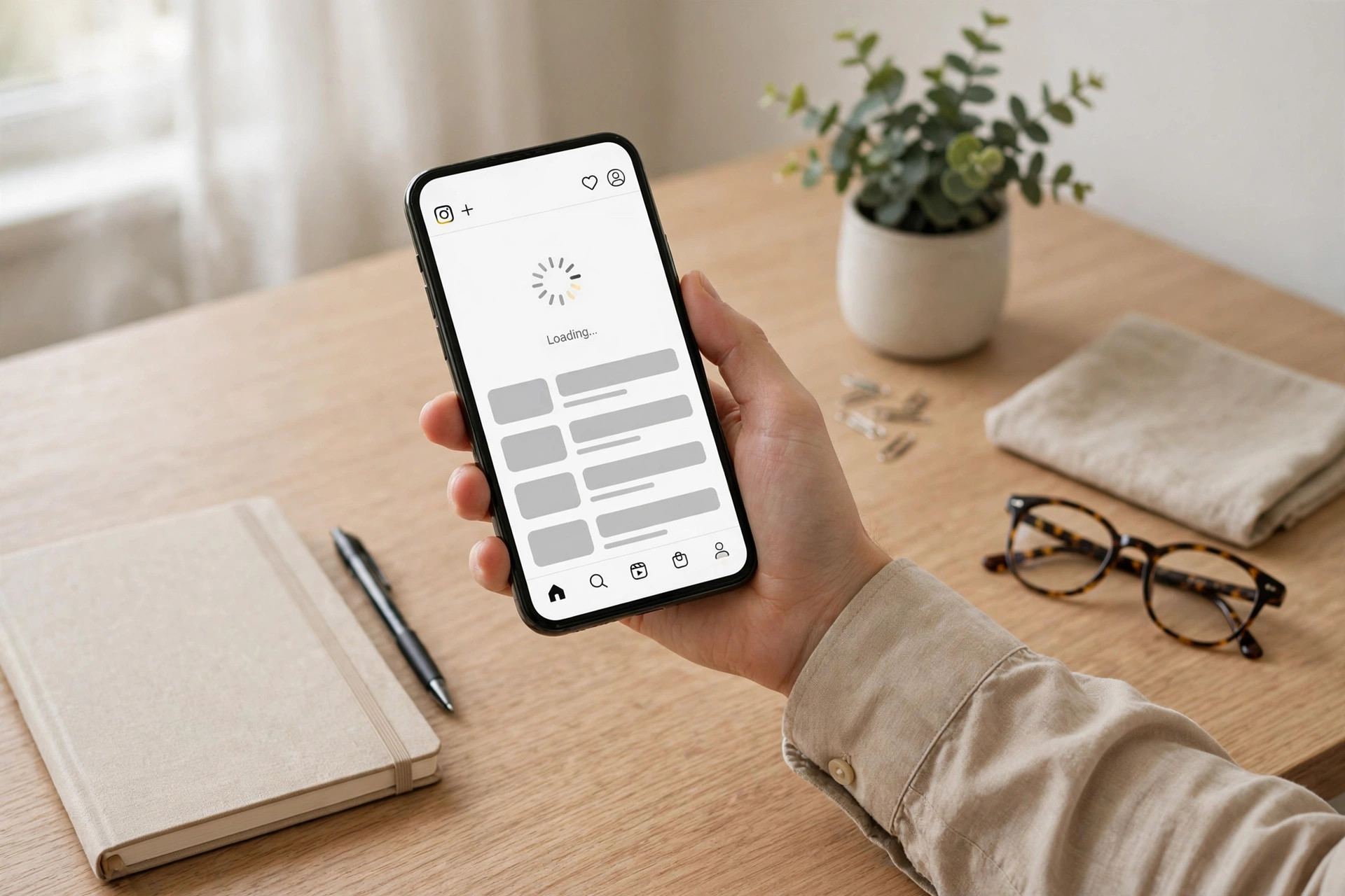 Instagram feed loading on a phone with a clean app storage illustration