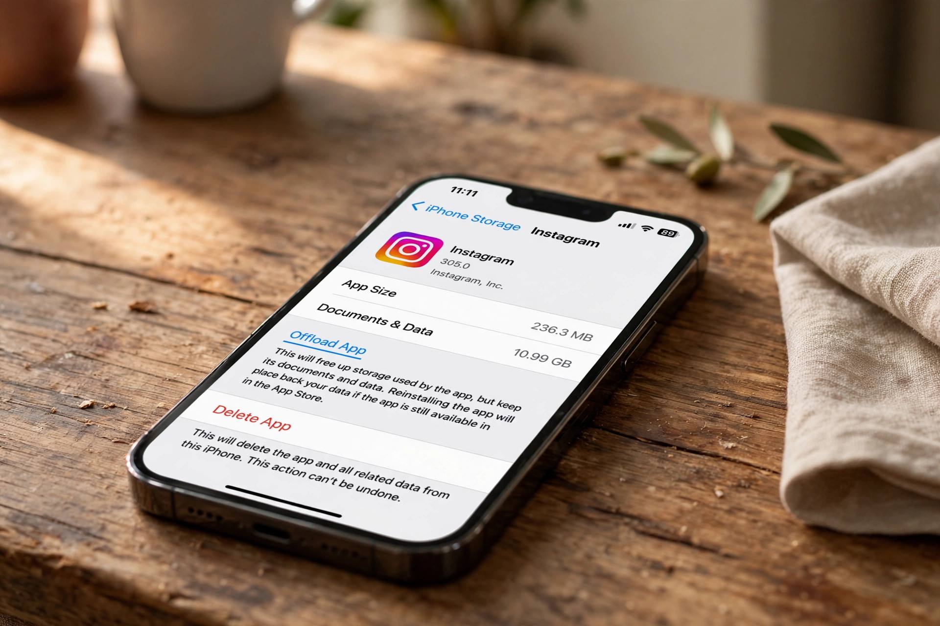 iPhone storage settings showing Instagram app size and offload option