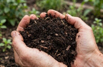 Finished compost soil in hands after learning how to compost at home