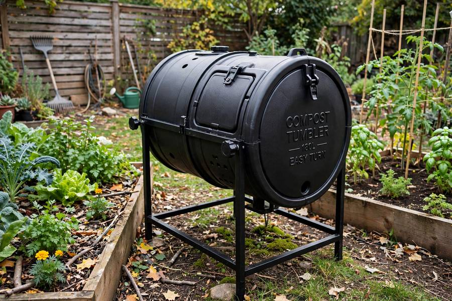Backyard tumbler bin used for how to compost at home