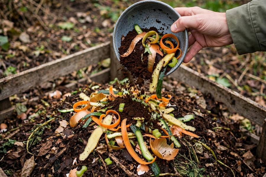 Adding kitchen scraps to compost when learning how to compost at home