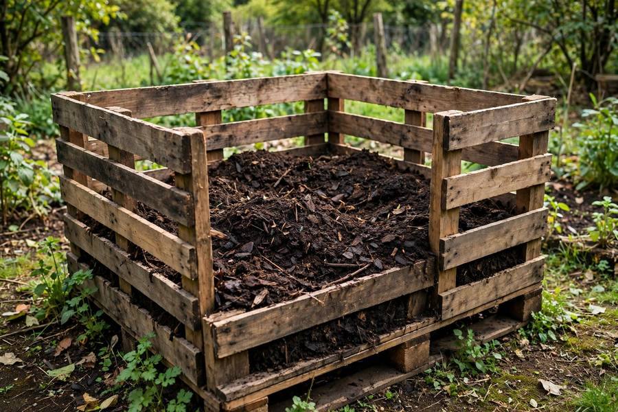 Simple wooden pallet compost bin with dark compost inside in a backyard garden