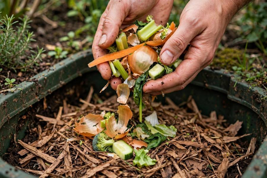Hands adding vegetable kitchen scraps to a compost bin topped with shredded brown leaves