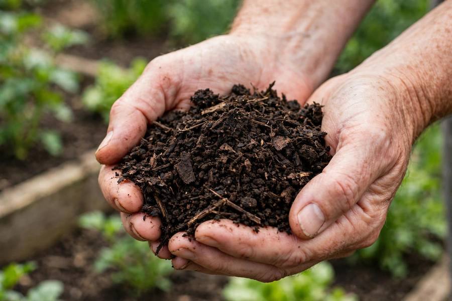 Cupped hands holding dark crumbly finished compost with a garden bed behind