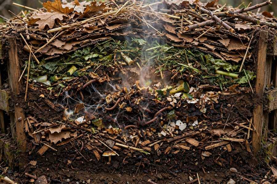Cross-section of a working compost pile showing layers of greens and browns