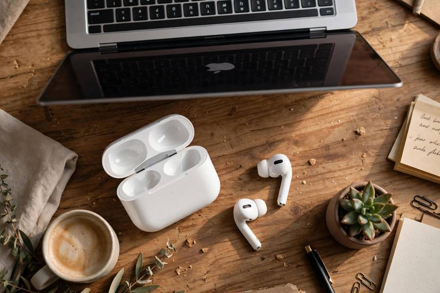 AirPods and laptop on a desk for connecting AirPods to a computer