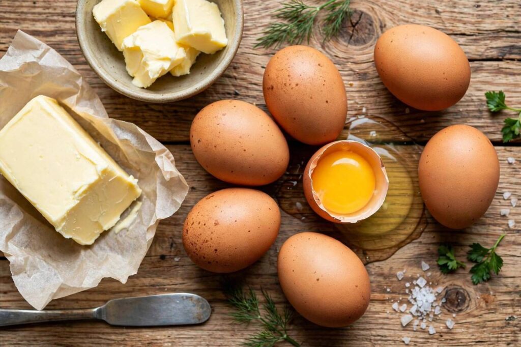 Overhead shot of breakfast ingredients with eggs and butter