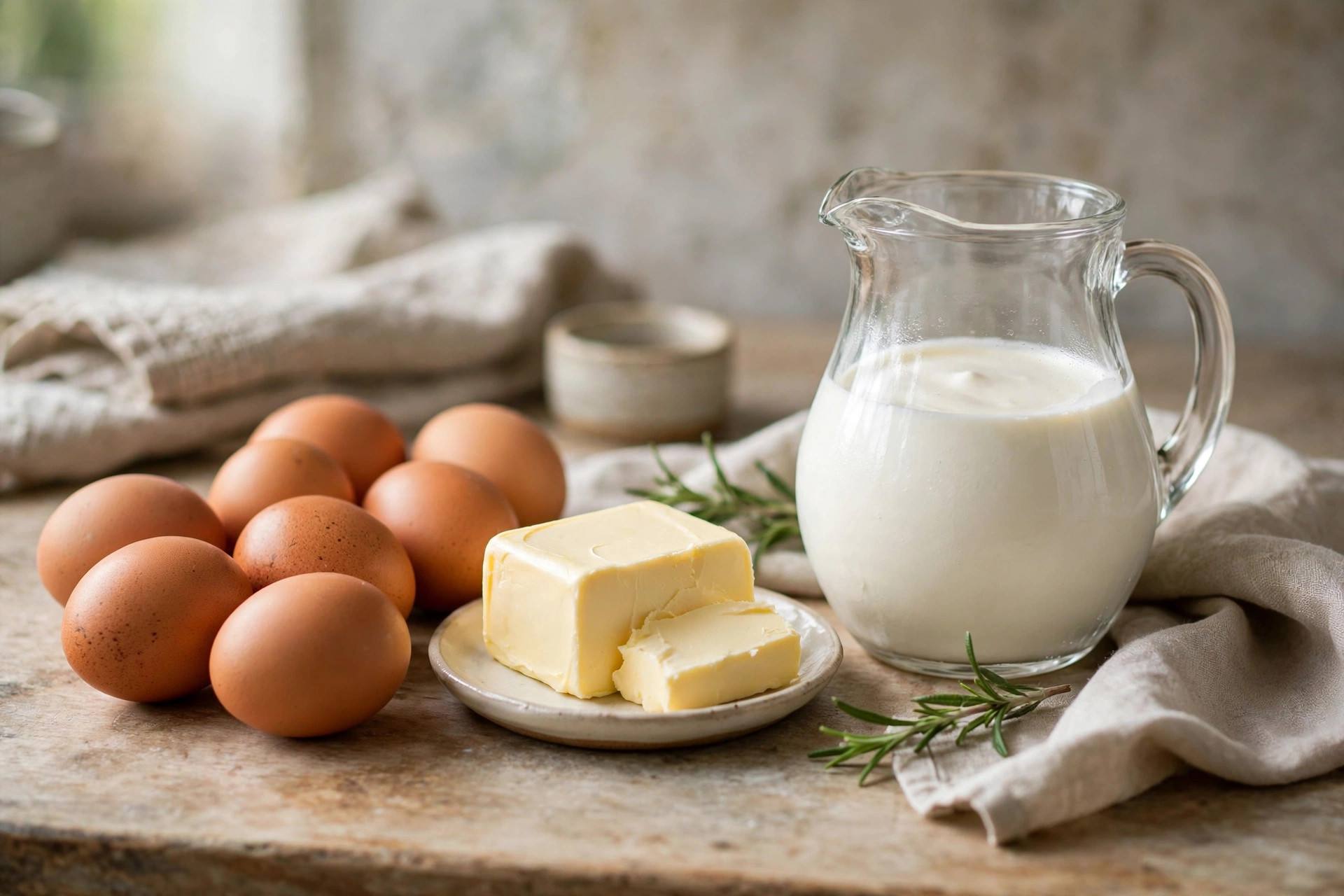 Fresh eggs, butter, and cream ingredients on kitchen counter