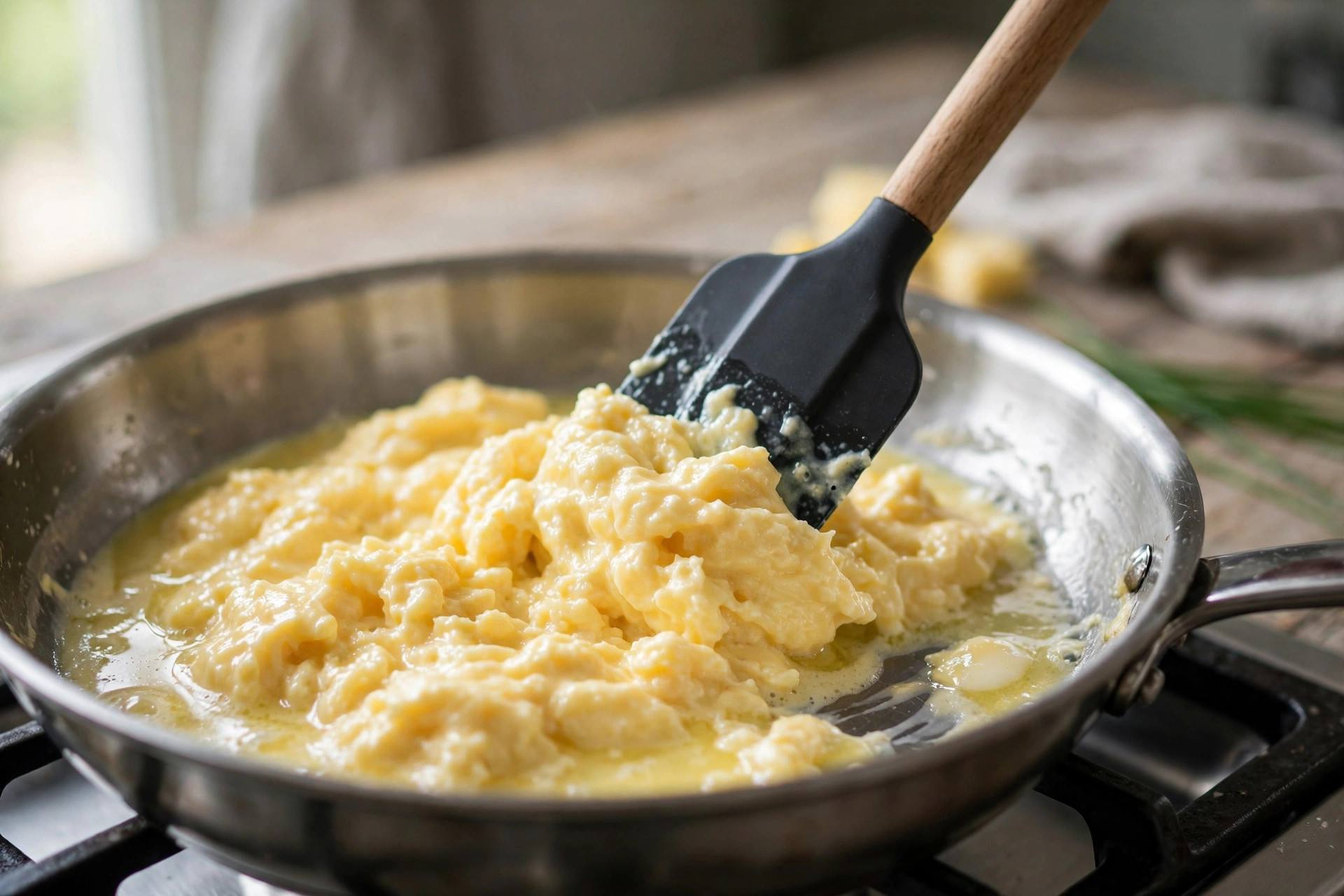 Creamy scrambled eggs being folded in a skillet with spatula