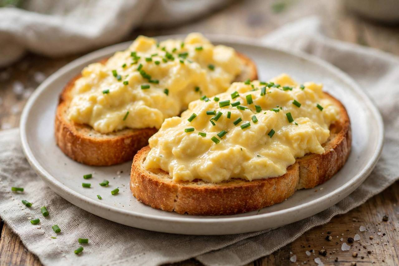 Plated creamy scrambled eggs with chives on toast