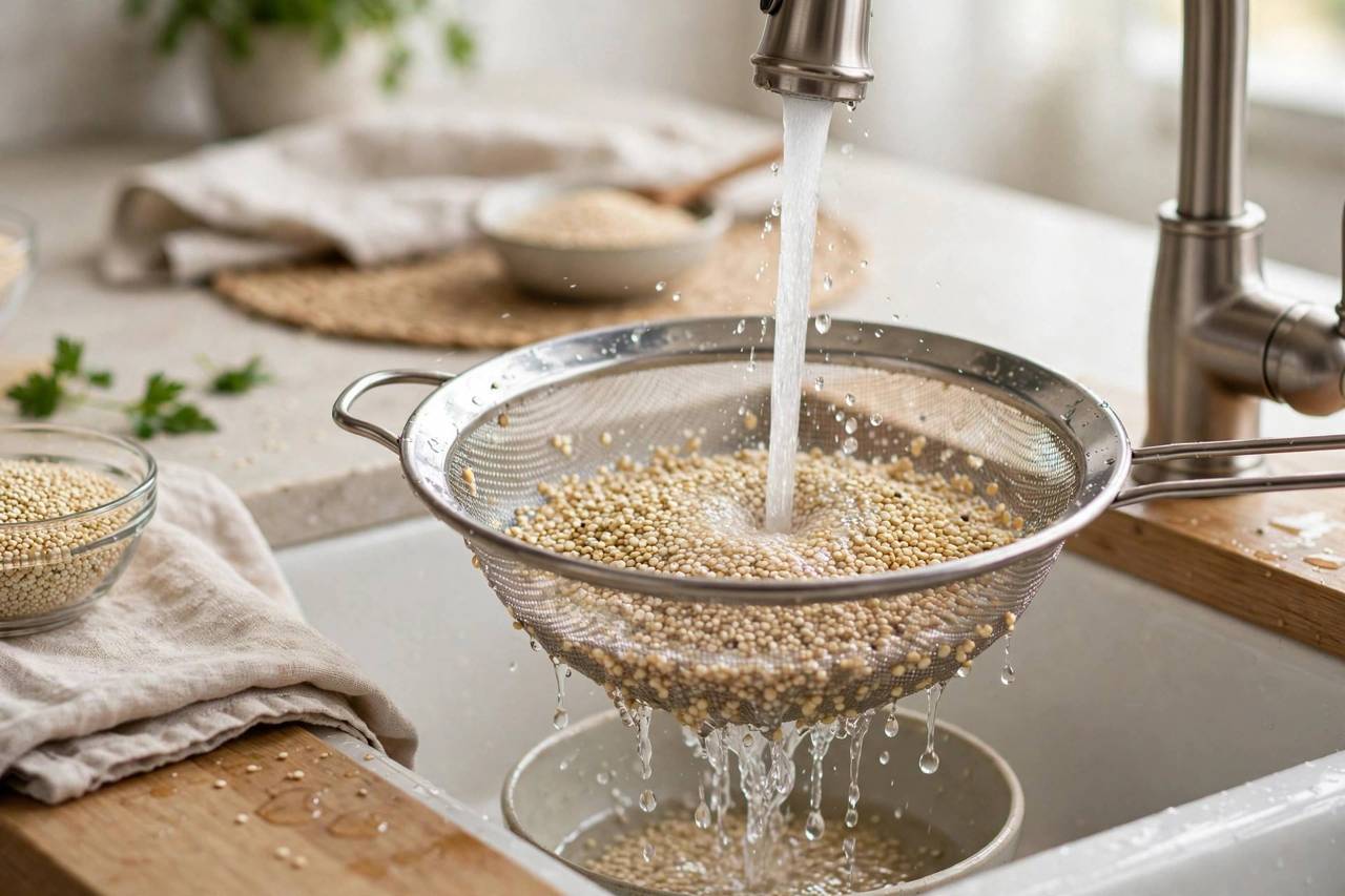 Dry quinoa grains being rinsed in a fine mesh strainer under running water
