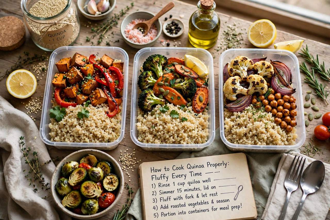 Meal prep containers filled with quinoa bowls and roasted vegetables
