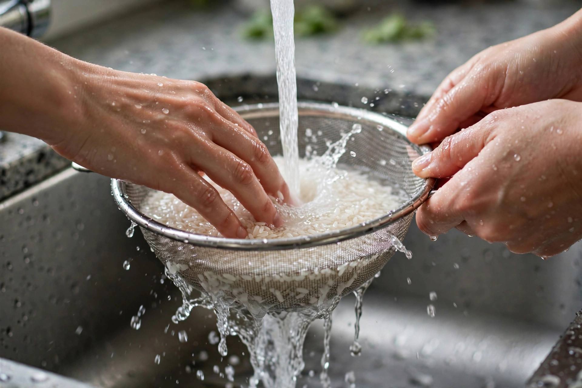 Hands rinsing rice in a fine mesh strainer under water