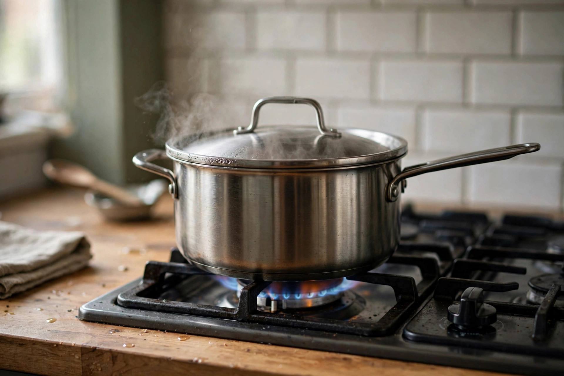 Pot of rice cooking on a stovetop with the lid on