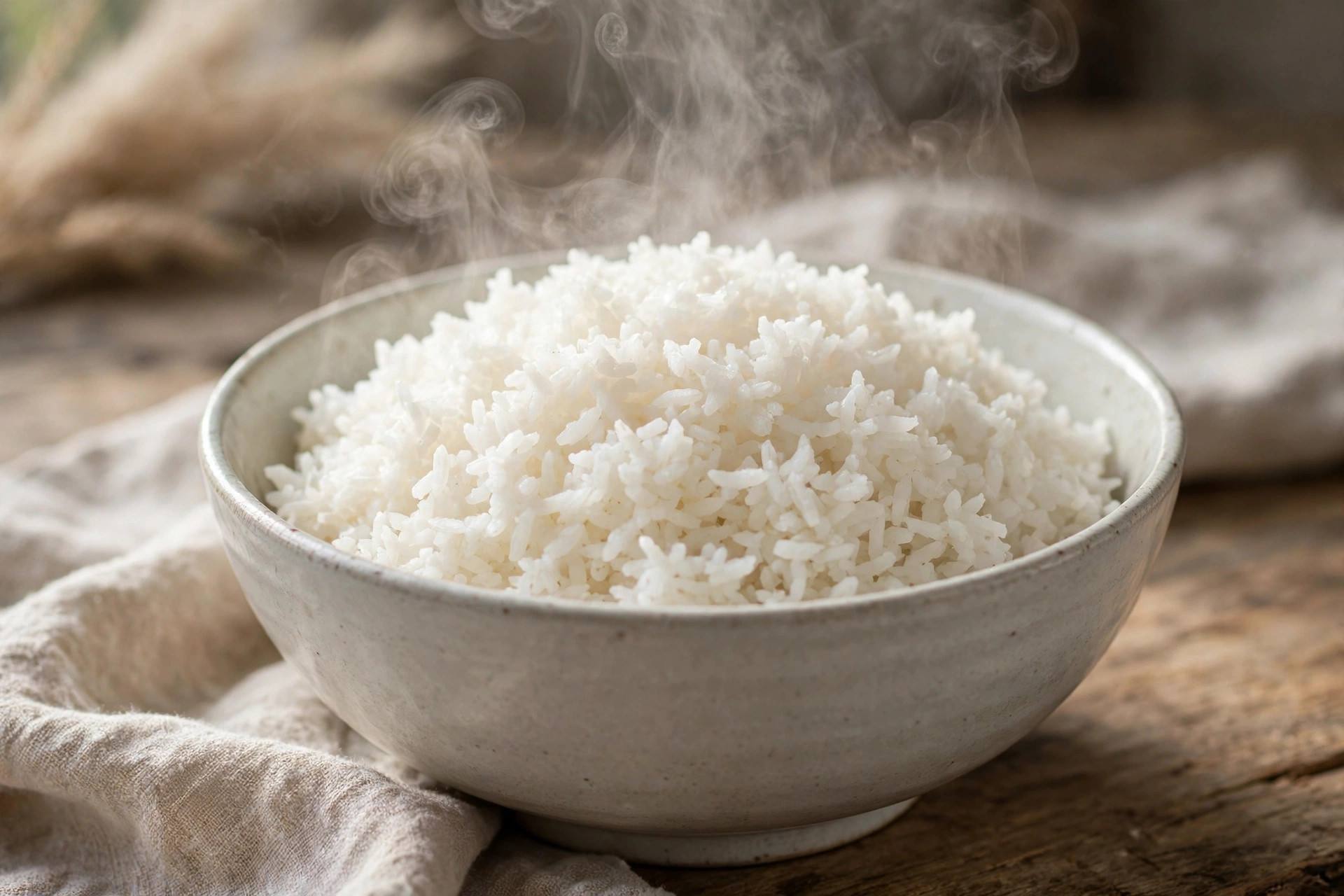 Fluffy perfectly cooked white rice in a bowl with steam rising