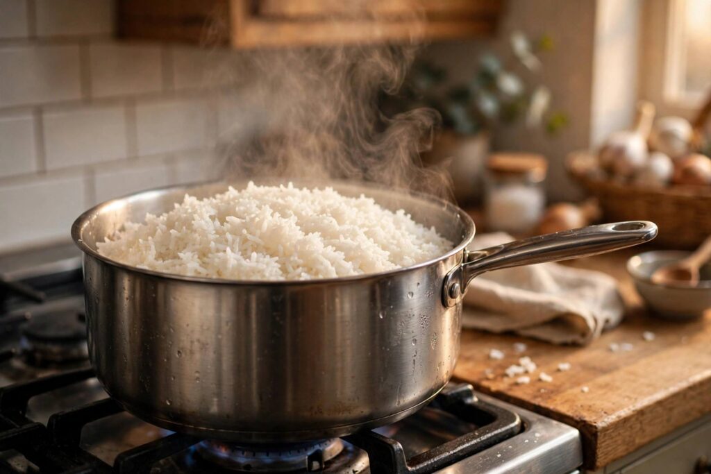 Steaming pot of freshly cooked white rice in a home kitchen