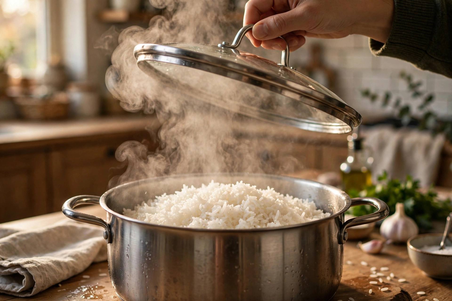 Pot of steaming white rice with lid being lifted in a home kitchen