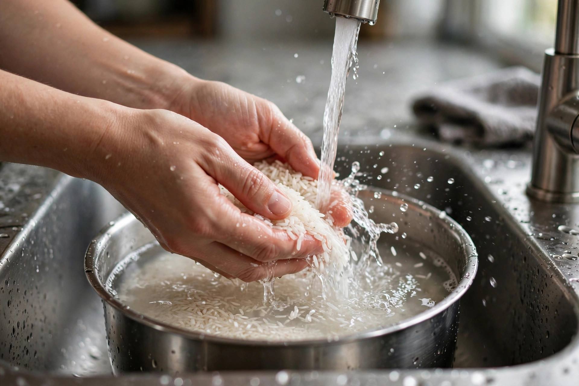 Hands rinsing rice in a pot under running water at the sink