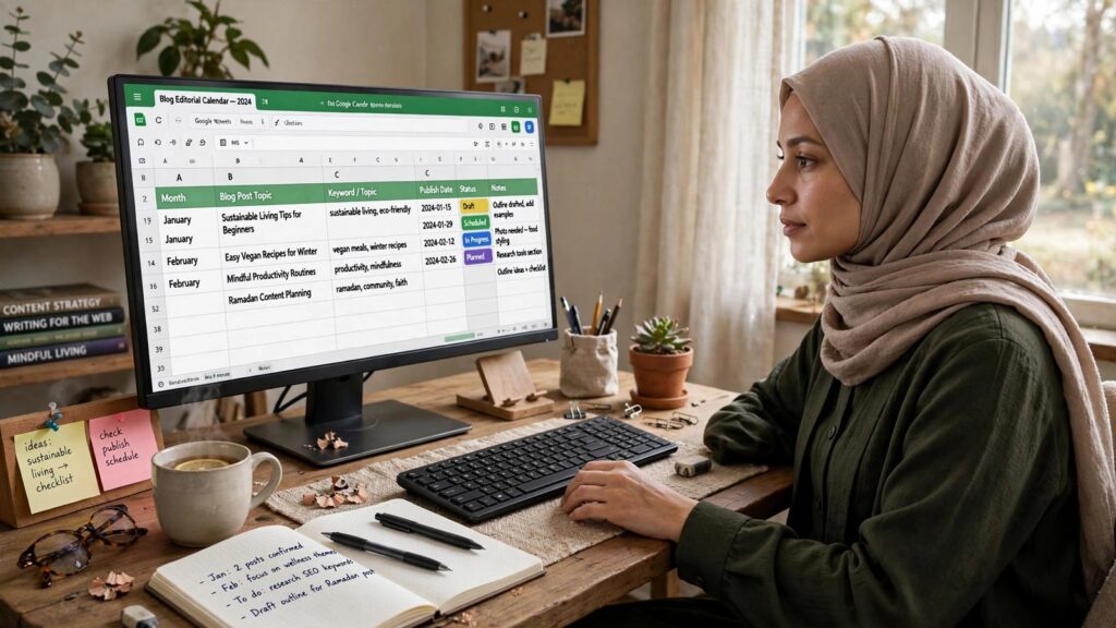 Blogger creating a blog editorial calendar in a spreadsheet