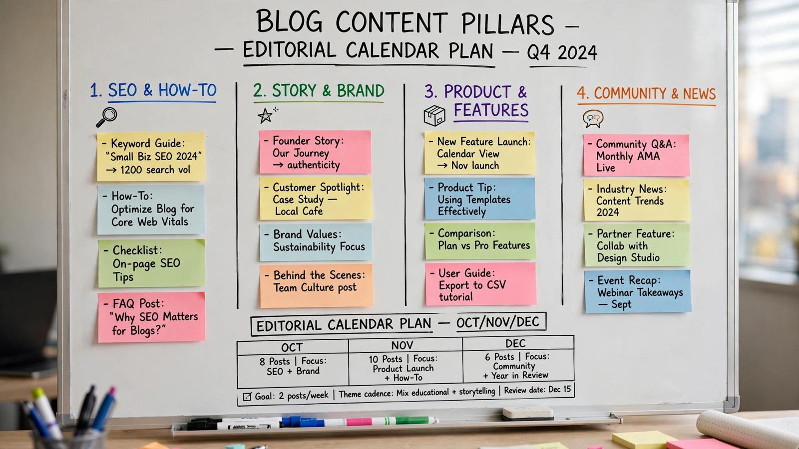 Blog content pillars organized by theme for an editorial calendar