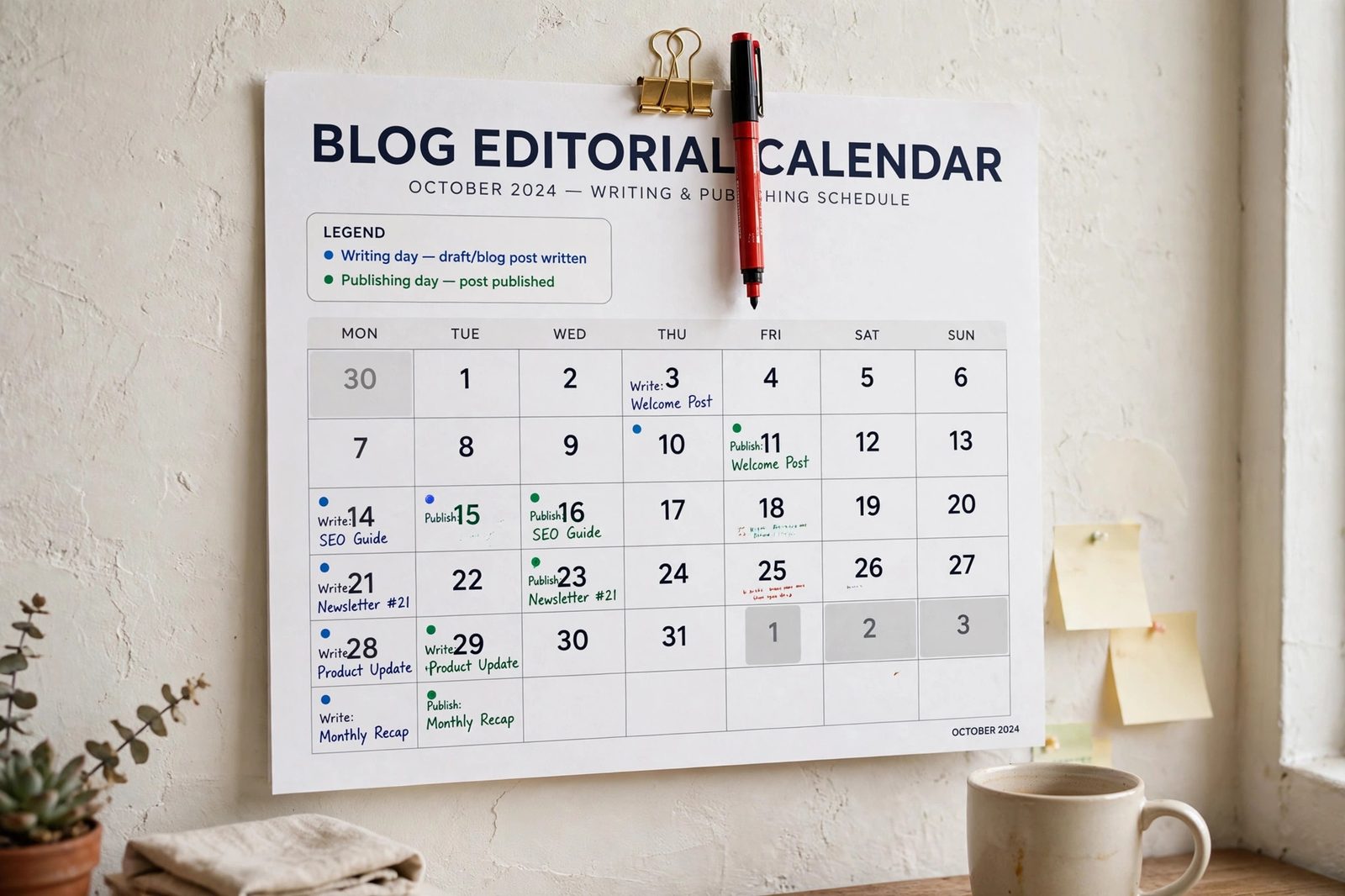 Monthly blog editorial calendar with writing and publishing days marked