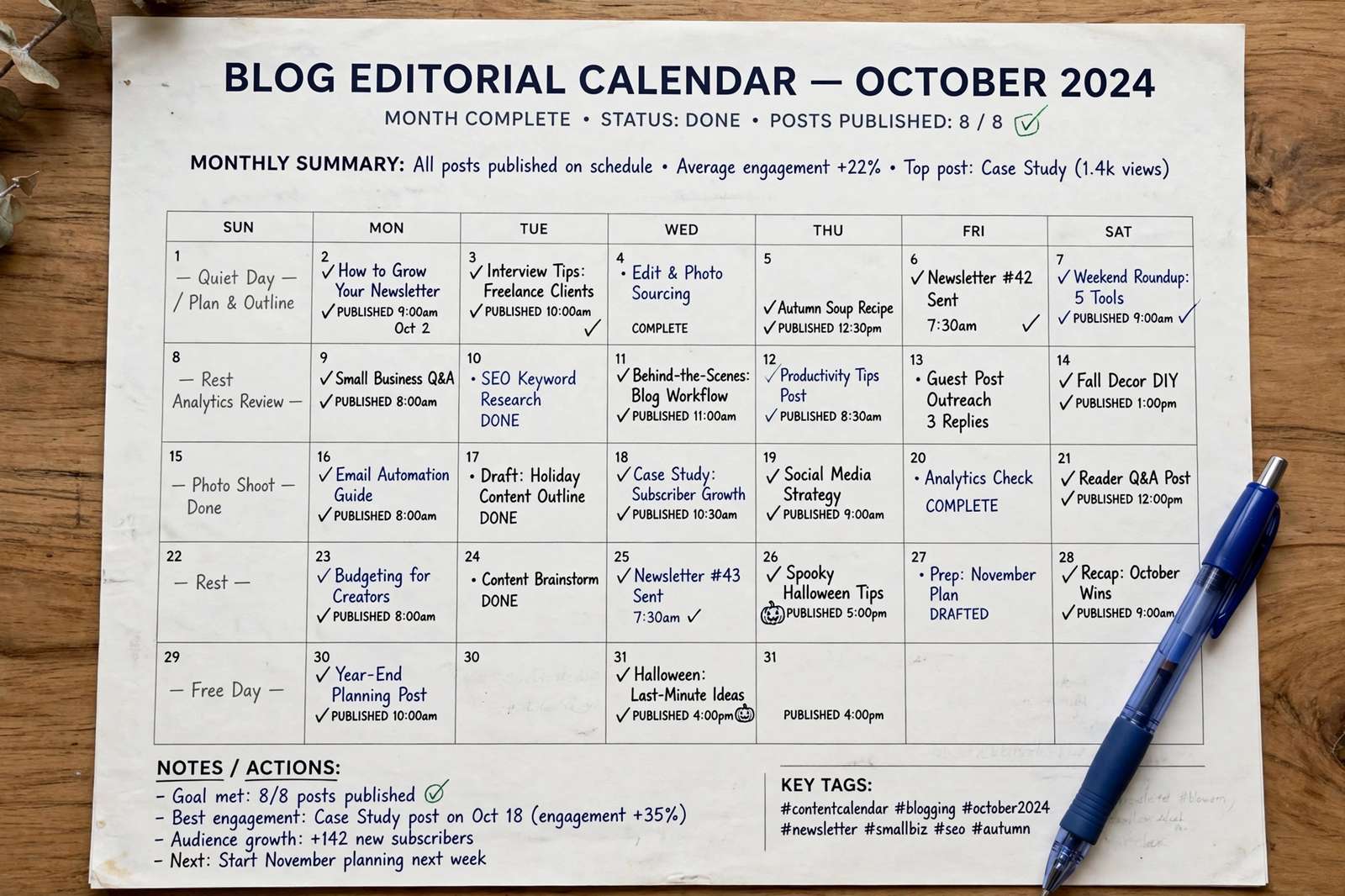 Example of a completed month on a blog editorial calendar