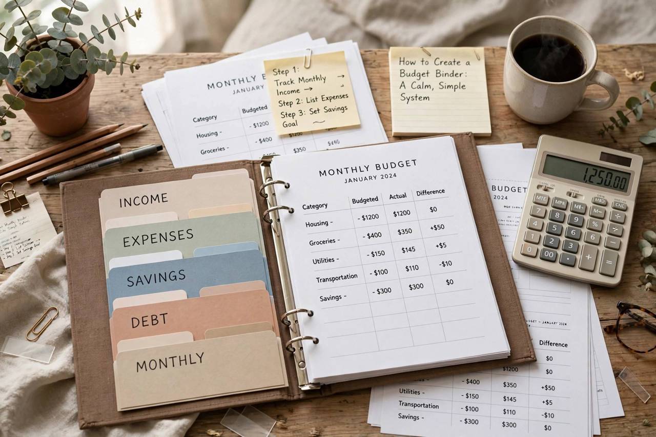 Open budget binder with dividers monthly budget sheets and calculator