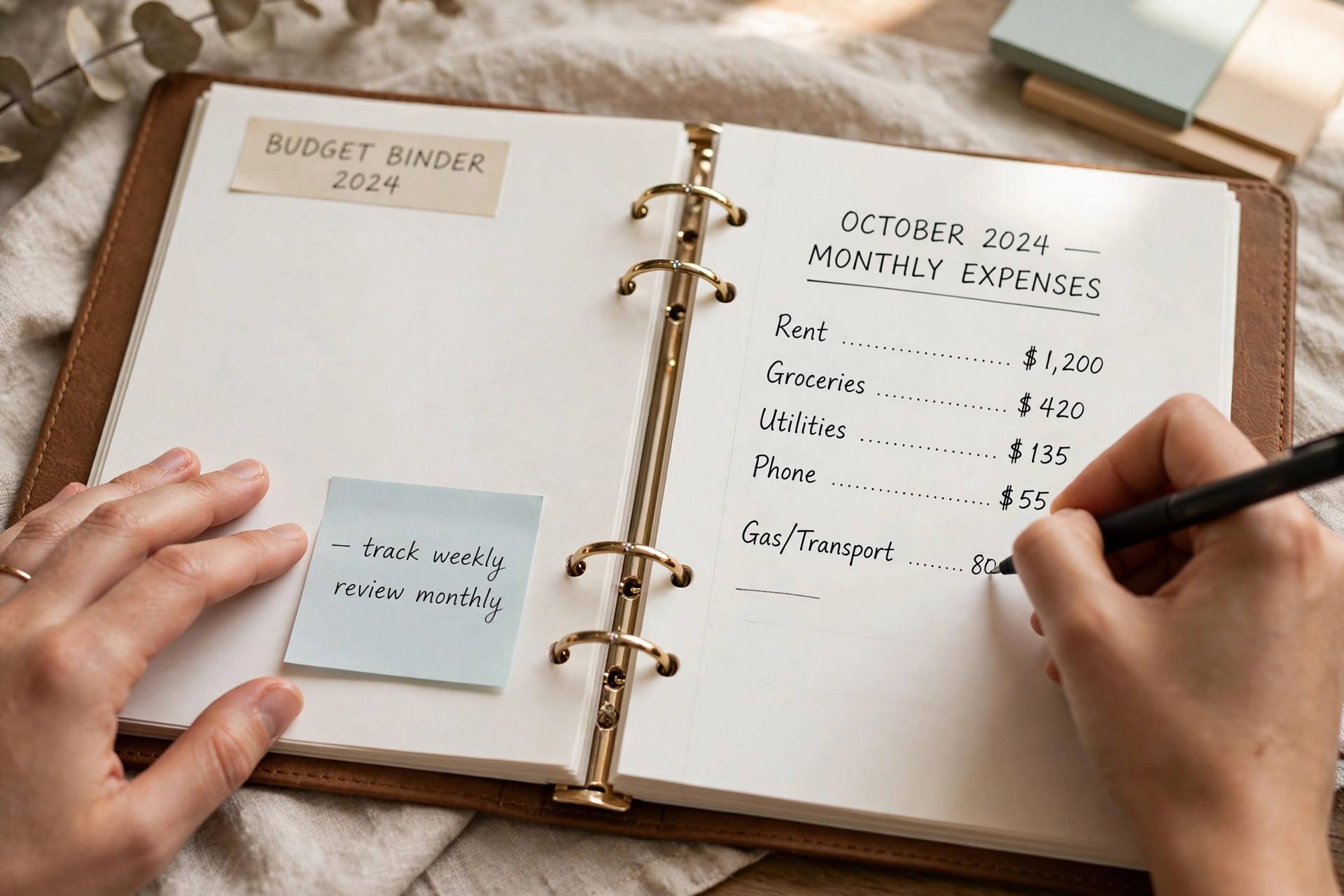 Hands writing monthly expenses into a budget binder with a pen